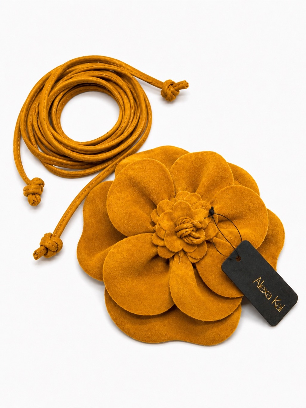 Alexa Koi Faux Suede Mustard 3D Flower Wrap Belt – 86” Boho Statement Belt